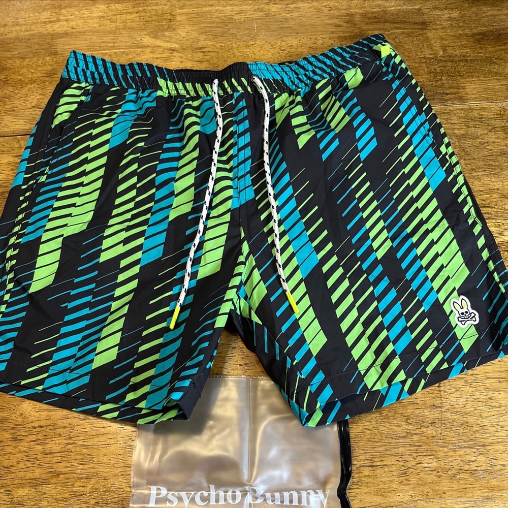 Men’s Psycho Bunny Bathing Suit Medium Black Blue Green